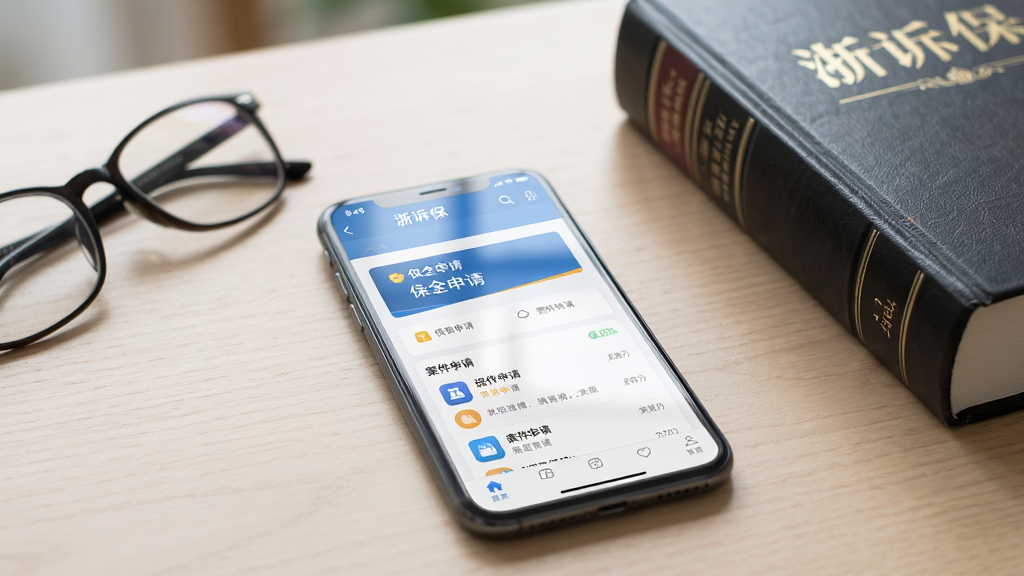 主体为一部智能手机,屏幕上显示浙诉保APP的首页界面,界面中包含保全申请入口和案件列表;布局为手机居中放置于浅色木纹桌面上,旁边放着一副眼镜和一本法律书籍;排版简洁,突出手机屏幕内容;风格为现代商务写实风格;细节上手机屏幕有轻微反光,界面图标清晰可见,背景虚化柔和;画质为高清,干净,无多余元素。