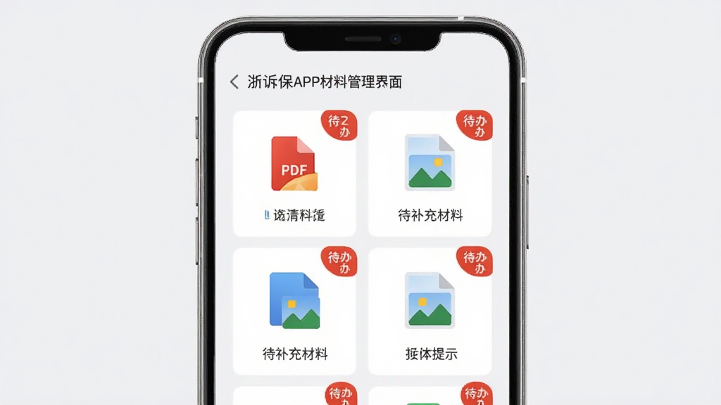 主体为浙诉保APP的材料管理界面,界面上展示多个已上传的文档图标和待补充材料提示;布局为手机屏幕居中,背景为浅灰色;排版为网格状排列的文档卡片;风格为清新简约的移动端设计风格;细节上文档图标带有PDF和图片标识,右上角有红色角标提示待办数量;画质高清,干净,无多余元素。