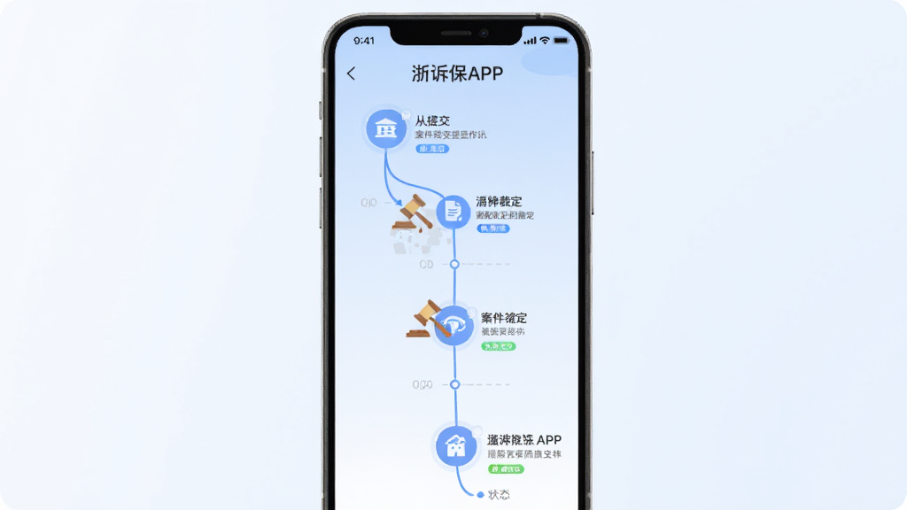 主体为浙诉保APP的案件进度追踪页面,页面以时间轴形式展示案件从提交到裁定的各个节点;布局为手机屏幕竖版展示,背景为淡蓝色渐变;排版清晰,时间轴节点图标醒目;风格为简洁扁平化UI风格;细节上每个节点配有文字说明和状态标识,整体色调柔和;画质高清,干净,无多余元素。