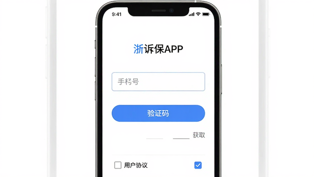 主体为浙诉保APP的登录注册页面,页面展示手机号输入框和验证码获取按钮;布局为手机屏幕居中,背景为白色;排版简洁,输入框和按钮排列整齐;风格为现代移动端UI设计风格;细节上按钮为蓝色圆角矩形,页面底部有用户协议勾选框;画质高清,干净,无多余元素。