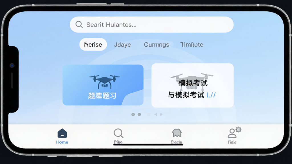 手机屏幕中显示无人机驾驶员超题库应用主界面,顶部有搜索框和分类标签,中间是题库练习与模拟考试入口按钮,底部导航栏清晰,背景为浅蓝色渐变,画面干净整洁,UI设计现代简约,文字清晰可读,整体呈现教育类APP的专业感与科技感,画质高清,无多余元素