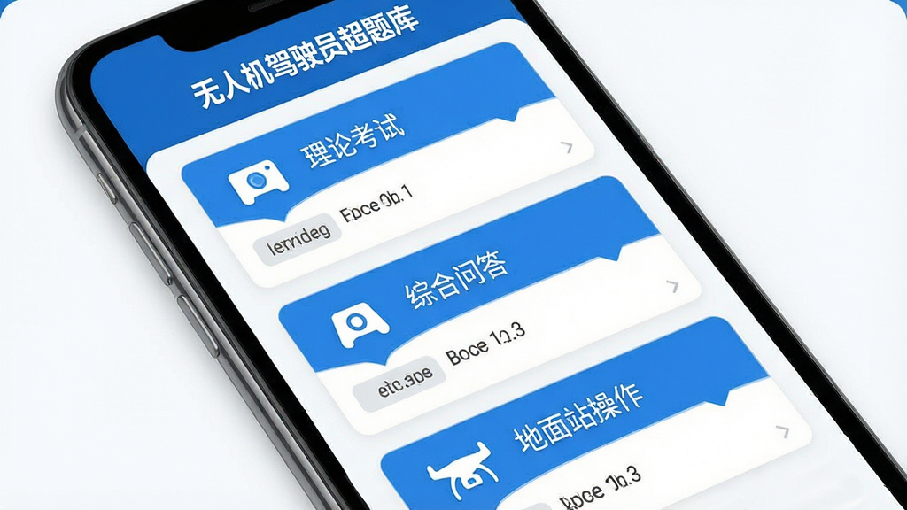 一张展示无人机驾驶员超题库题库分类界面的图片,画面中列出理论考试、综合问答、地面站操作等模块,每个模块配有图标和题目数量,界面采用卡片式布局,配色以蓝白为主,风格清爽,手机屏幕中文字清晰显示“无人机驾驶员超题库”字样,整体视觉简洁专业,画质高清,无杂乱元素