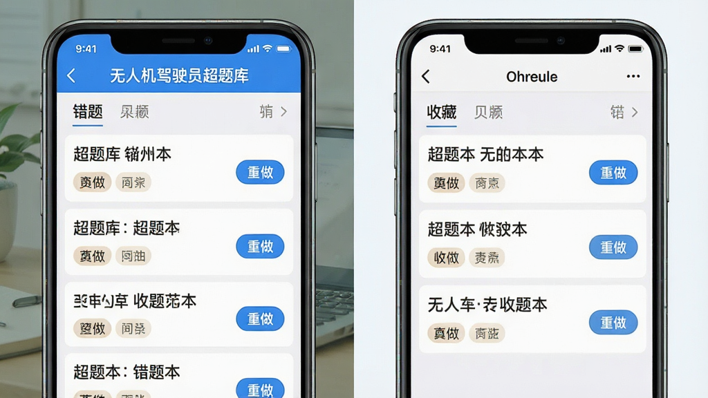 一张展示无人机驾驶员超题库错题本与收藏夹功能的图片,画面中手机屏幕显示错题列表和收藏题目,每条题目带有标签和重做按钮,界面采用浅色背景,文字清晰,顶部有“无人机驾驶员超题库”标识,整体风格简洁实用,画质高清,无多余装饰