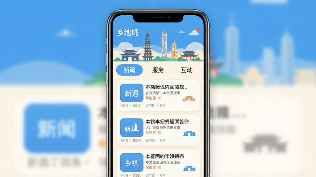 我的新乡APP首页界面展示,主体为一部智能手机竖屏放置,屏幕内呈现本地新闻资讯瀑布流卡片与顶部城市地标建筑插画,布局简洁,排版分为新闻、服务、互动三个标签页,风格为现代扁平化设计,色彩以清新蓝色和暖白色为主,细节包含新乡地标剪影图标和圆角卡片,画质高清,干净,无多余元素
