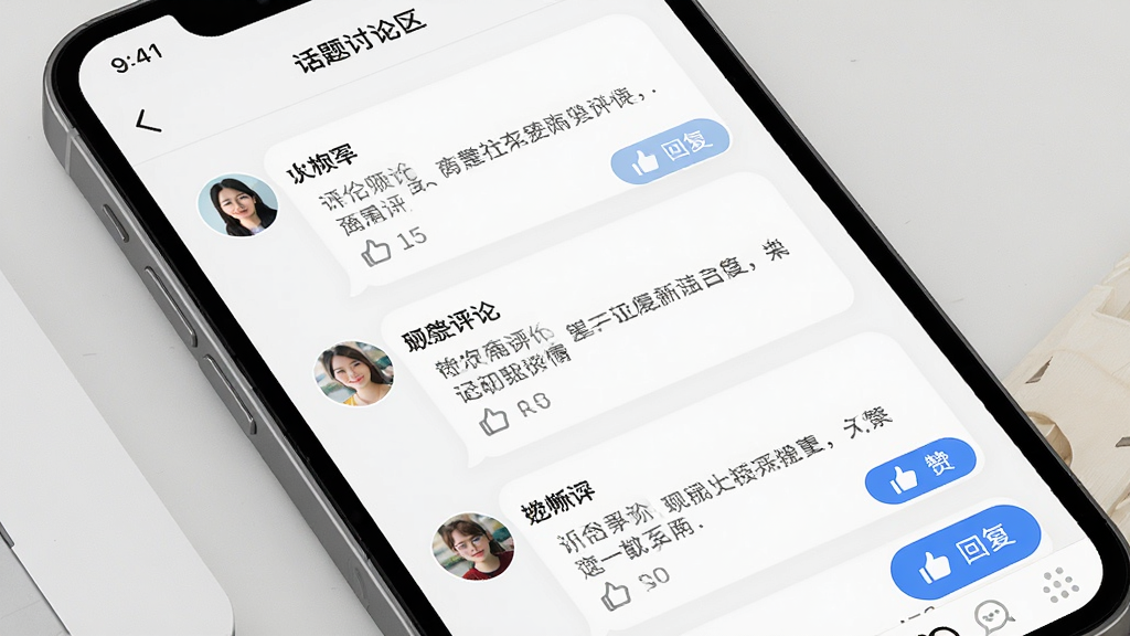 我的新乡APP社区互动界面,主体为手机屏幕显示留言板与话题讨论区,布局为列表式对话气泡,排版包含用户头像、昵称与评论内容,风格为社交互动类应用界面,细节包含点赞与回复按钮,画质高清,干净,无多余元素