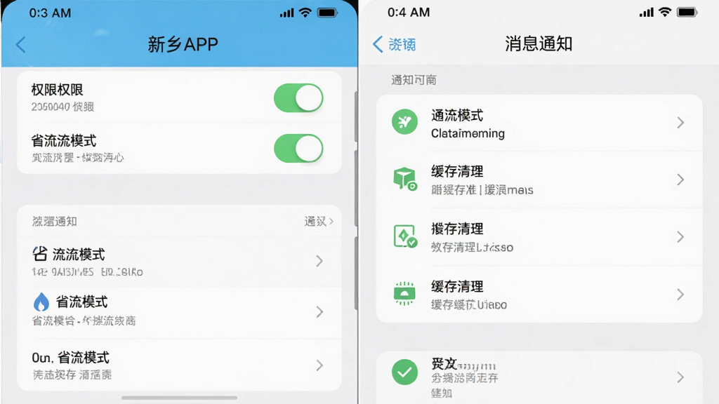 我的新乡APP设置页面与消息通知界面,主体为手机屏幕显示权限开关与通知列表,布局为纵向设置项,排版包含开关按钮与文字说明,风格为系统设置类界面,细节包含省流模式与缓存清理选项,画质高清,干净,无多余元素