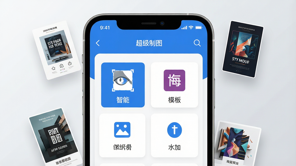 一张展示超级制图软件界面的手机截图,画面中央是手机屏幕,屏幕上显示超级制图APP的主界面,包含智能抠图、海报模板、图片编辑、文字添加等功能图标,界面设计简洁现代,采用蓝白配色,背景为干净的浅灰色渐变,手机周围漂浮着几张制作精美的海报缩略图,整体风格科技感十足,画质清晰,干净无多余元素