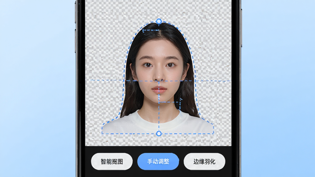 超级制图软件中AI智能抠图功能演示界面,手机屏幕显示一张人物照片正在被自动抠图,人物轮廓被蓝色虚线选中,背景变为透明网格,屏幕下方有智能抠图、手动调整、边缘羽化等操作按钮,画面采用明亮简洁的UI风格,背景为柔和渐变蓝色,整体干净清爽,画质高清