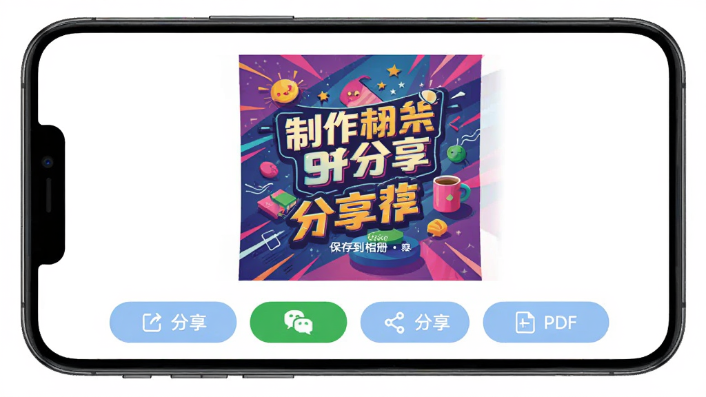 超级制图软件导出与分享界面,手机屏幕显示一张制作完成的海报预览图,下方排列着保存到相册、分享到微信、分享到QQ、导出PDF等操作按钮,海报色彩鲜艳设计精美,界面背景为白色搭配淡蓝色按钮,整体风格简洁明快,画质高清干净
