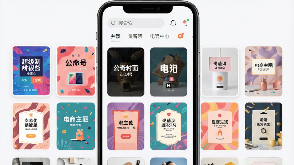 超级制图软件模板中心界面展示,手机屏幕呈现网格状排列的设计模板缩略图,包含海报、公众号封面、电商主图、邀请函等多种类型,每个模板色彩丰富风格多样,屏幕顶部有搜索框和分类标签,界面采用浅色背景搭配圆角卡片设计,整体视觉清新舒适,画质清晰干净