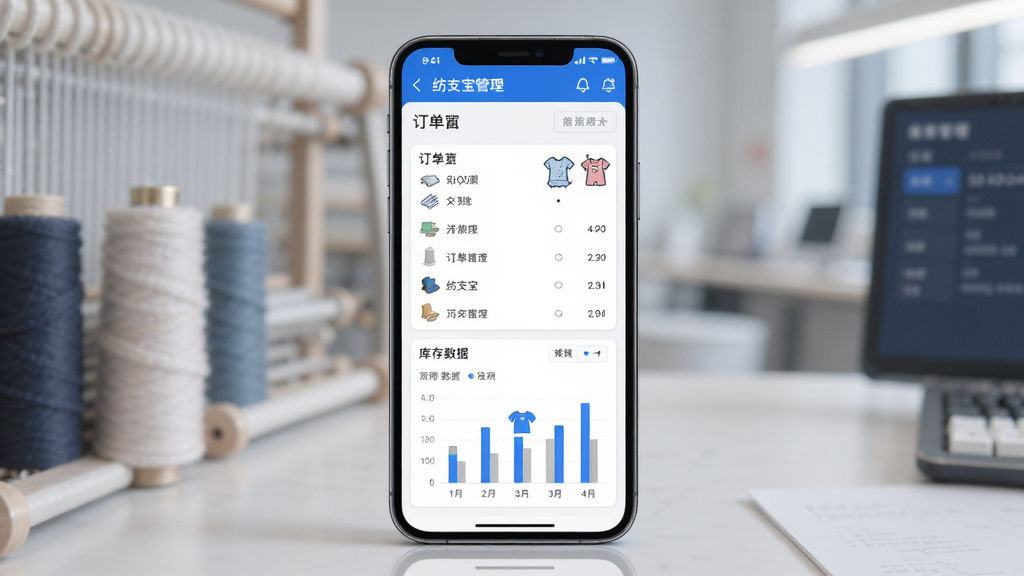 纺支宝商家应用界面展示,主体为一部智能手机,屏幕中显示商家后台管理页面,包含订单列表和库存数据图表,布局居中,排版简洁,风格为现代商务科技感,细节包含纺织面料图标和童装元素,画质高清,干净,无多余元素