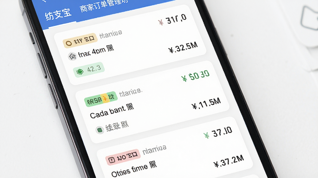 纺支宝商家订单管理功能特写,主体为手机屏幕显示订单卡片列表,布局上下排列,排版清晰,风格简约扁平化,细节包含状态标签和金额数字,画质高清,干净,无多余元素