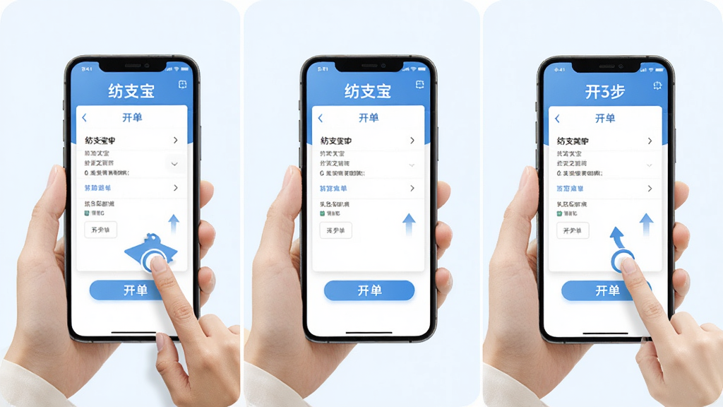纺支宝商家移动端操作示意图,主体为手持手机展示开单步骤,布局为三格分步展示,排版从左到右,风格清新浅色,细节包含手指点击动作和界面箭头,画质高清,干净,无多余元素