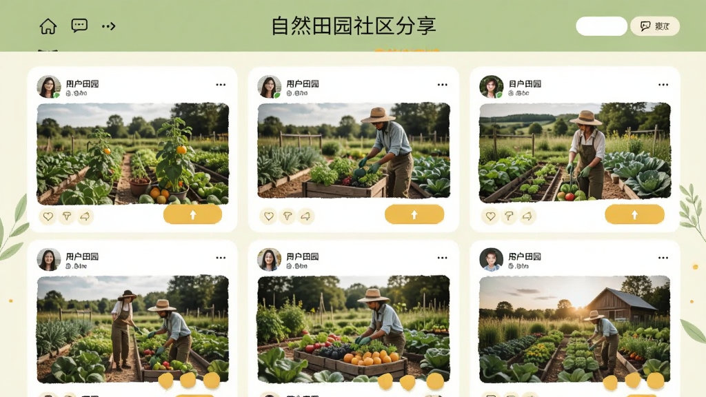 自然田园社区分享页面,展示用户发布的田园生活照片和文字动态,界面有多个用户头像和互动按钮,布局清晰,风格温馨自然,采用浅绿色和暖黄色搭配,画质清晰,干净整洁,无多余元素