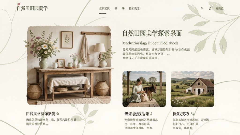 自然田园美学探索界面,展示田园风格装饰案例和摄影技巧文章,页面有精美的田园风格插画和文字说明,界面设计优雅清新,采用柔和的绿色和米色调,画质高清,干净整洁,无多余元素