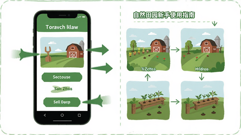 自然田园新手使用指南界面,展示操作步骤图解,画面中有手机屏幕和箭头指示,标注各个功能按钮位置,风格简洁明了,采用扁平化设计,主色调为绿色和白色,画质清晰,干净整洁,无多余元素