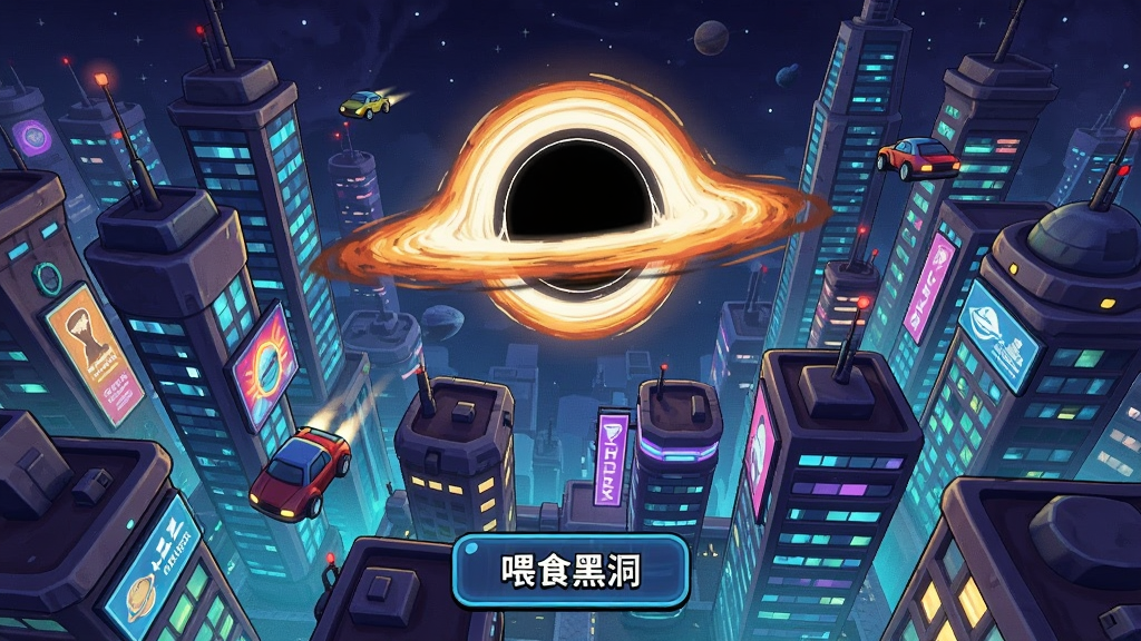 一个黑洞在繁华的星际城市上方吞噬建筑物的游戏截图,画面中有未来风格的摩天大楼、飞行汽车和霓虹灯广告牌,黑洞位于画面中央偏上,下方有“喂食黑洞”的UI按钮,整体风格为赛博朋克卡通,色彩鲜艳,布局采用俯视视角,画质高清,无杂乱元素