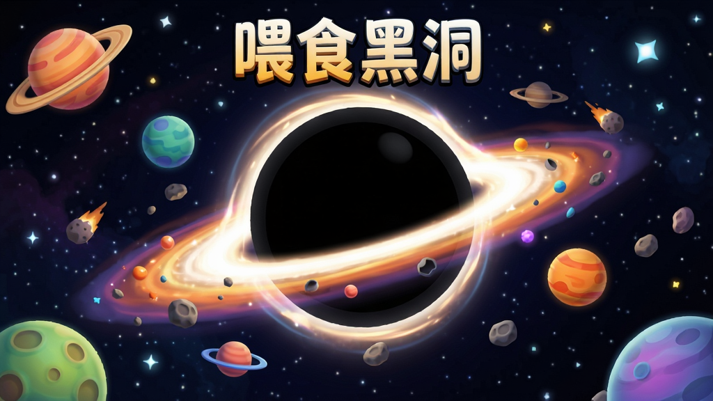 一款以宇宙黑洞为主题的休闲游戏画面,画面中央是一个深邃的黑色球体,周围环绕着彩色的星球、陨石和星云碎片,黑洞边缘带有明亮的引力光环,背景是浩瀚的深空和闪烁的星星,整体风格为卡通3D渲染,色彩对比鲜明,细节丰富,画质清晰干净,画面中带有“喂食黑洞”字样的游戏标题,适合作为软件宣传图,无多余杂乱元素