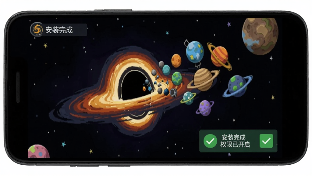 一部安卓手机屏幕上显示喂食黑洞游戏正在运行,画面中黑洞吞噬了大量星球,屏幕边缘有提示“安装完成”和“权限已开启”的绿色对勾图标,整体风格为教程示意图,背景简洁,画质清晰,无多余文字
