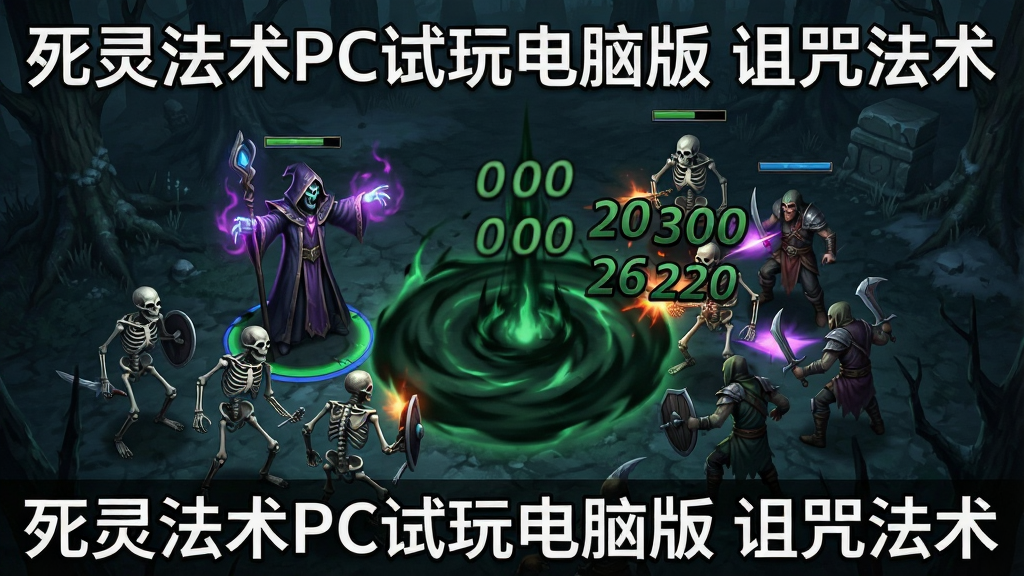 一张游戏战斗场景图,画面展示死灵法师在幽暗森林中施放诅咒法术,前方有多只骷髅战士与敌人交战,画面中央有暗绿色法术特效与伤害数字飘出,布局采用俯视角战斗视角,风格为暗黑奇幻游戏画面,细节丰富,色调偏冷,画质清晰,干净,无多余元素,图中文字标注“死灵法术PC试玩电脑版 诅咒法术”