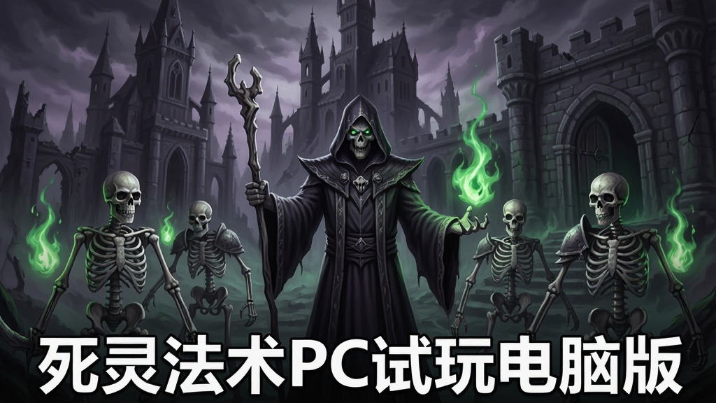一张暗黑奇幻风格的游戏宣传图,画面中心是一位身穿黑色长袍、手持骨杖的死灵法师,周围环绕着数只骷髅战士与幽绿色灵魂火焰,背景是破败的哥特式城堡与阴森的地牢入口,整体色调以深灰、暗紫与幽绿为主,画面布局采用居中构图,主体突出,细节丰富,风格为暗黑魔幻CG插画,画质清晰,干净,无多余元素,图中文字标注“死灵法术PC试玩电脑版”