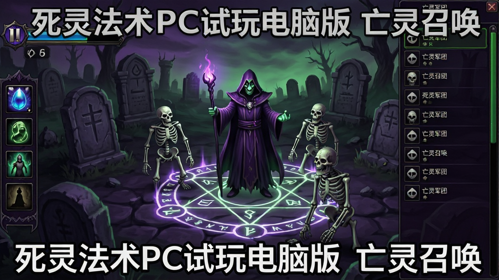 一张游戏界面截图风格的图片,画面展示死灵法师站在墓地中央,脚下浮现召唤法阵,数只骷髅战士正从地面爬出,界面左侧显示法力值与召唤栏位,右侧显示亡灵军团列表,整体布局清晰,风格为暗黑奇幻游戏UI,色调以暗紫与幽绿为主,画质清晰,干净,无多余元素,图中文字标注“死灵法术PC试玩电脑版 亡灵召唤”