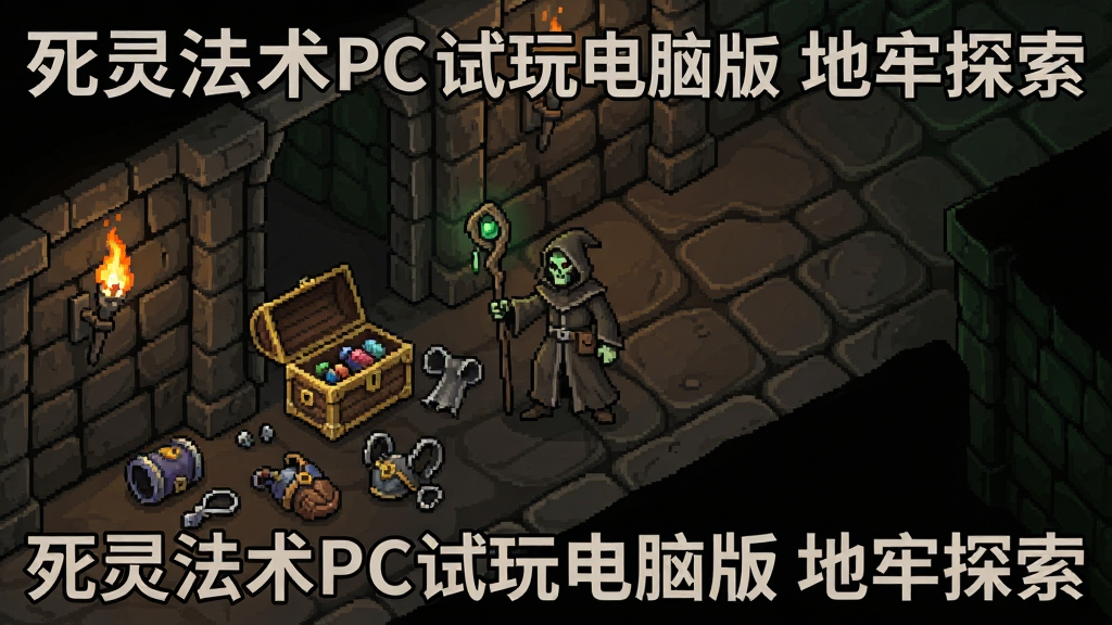 一张地牢探索界面图,画面展示死灵法师手持法杖站在阴暗地牢走廊中,前方有宝箱与散落的装备道具,墙壁上有火把照明,地面有石板纹理,布局采用斜45度视角,风格为暗黑地牢探险,色调以棕灰与暗绿为主,画质清晰,干净,无多余元素,图中文字标注“死灵法术PC试玩电脑版 地牢探索”