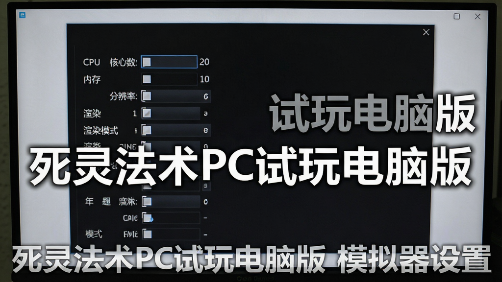 一张电脑屏幕上显示模拟器设置界面的图片,画面中可以看到CPU核心数、内存分配、分辨率、渲染模式等选项,界面风格简洁,布局清晰,背景为深色,画质清晰,干净,无多余元素,图中文字标注“死灵法术PC试玩电脑版 模拟器设置”