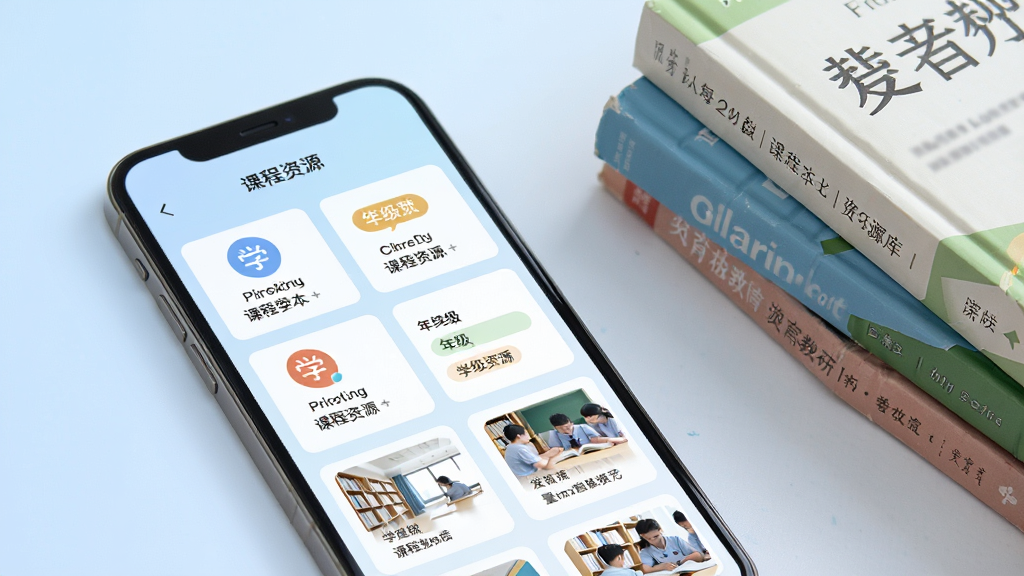 ���ǽ���APP����Դ��ҳ�����ͼ������չʾ�ֻ���Ļ�з��������Ŀγ���Դ��Ƭ��ѧ��ͼ�ꡢ�꼶��ǩ����Դ����ͼ�������룬����Ϊ��͵�ǳ��ɫ���䣬�ֻ��Է��ü����������鼮�����������¼�Լ�����������ɱ棬���ʸɾ���������Ԫ��