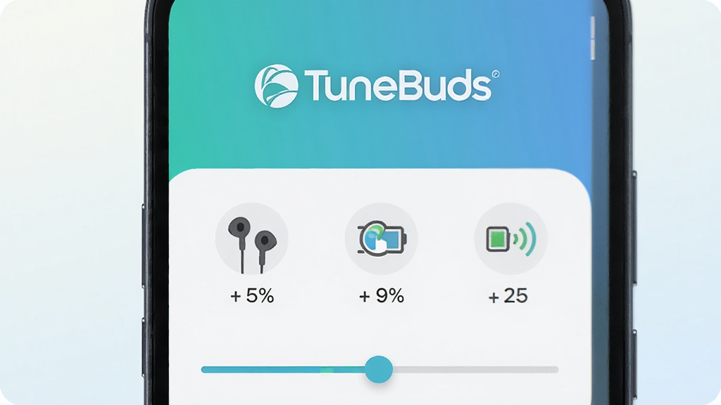 ����Ϊһ�������ֻ���Ļ��ʾTuneBuds�������棬����Ϊ����չʾ�ֻ��ͽ���ϸ�ڣ��Ű�������½ṹ�Ϸ�Ϊ����Logo�·�Ϊ����ͼ�꣬���Ϊ�ִ��Ƽ��б�ƽ����ƣ�ϸ�ڰ�������ͼ�ꡢ�����ٷֱȡ���Ч���ڻ��飬���ʸ���ɾ��޶���Ԫ�أ�����Ϊǳɫ���䡣