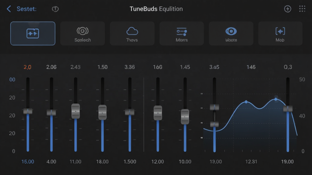 ����ΪTuneBuds��Ч���������棬����Ϊ���½ṹ�Ϸ�ΪԤ��ģʽѡ���·�ΪƵ�ε��ڻ��飬�Ű�ֱ�ۣ����Ϊ��ɫ�Ƽ��磬ϸ�ڰ���Ƶ����ֵ�����顢����ͼ�����ʸ���ɾ��޶���Ԫ�أ�����Ϊ���ɫ��