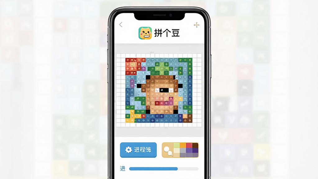 拼个豆软件主界面展示,主体为一部智能手机屏幕显示拼豆图纸编辑界面,布局为居中构图,上方为软件logo和名称“拼个豆”,中间展示彩色像素拼豆图案,下方为功能按钮区域,排版简洁清晰,风格为现代扁平化科技风,细节包含像素方格、颜色选择器、进度条等元素,画质高清,干净,无多余元素