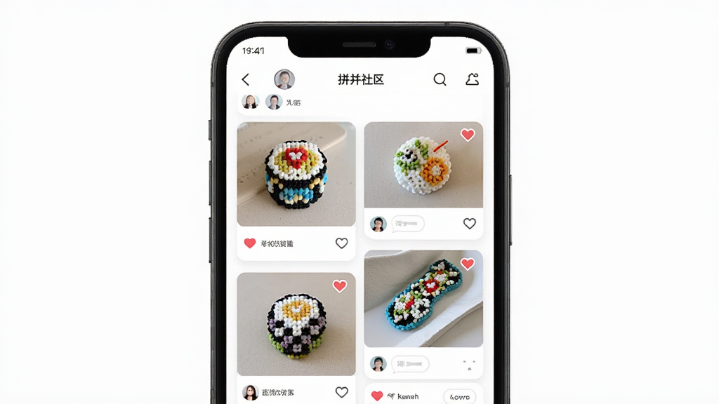 拼个豆社区分享页面,主体为手机屏幕显示拼豆作品信息流,布局为瀑布流卡片式排列,排版整齐,风格为社交应用常见的清新简约风,细节包含多个拼豆成品照片、点赞爱心图标、用户头像、评论气泡,画质高清,干净,无多余元素