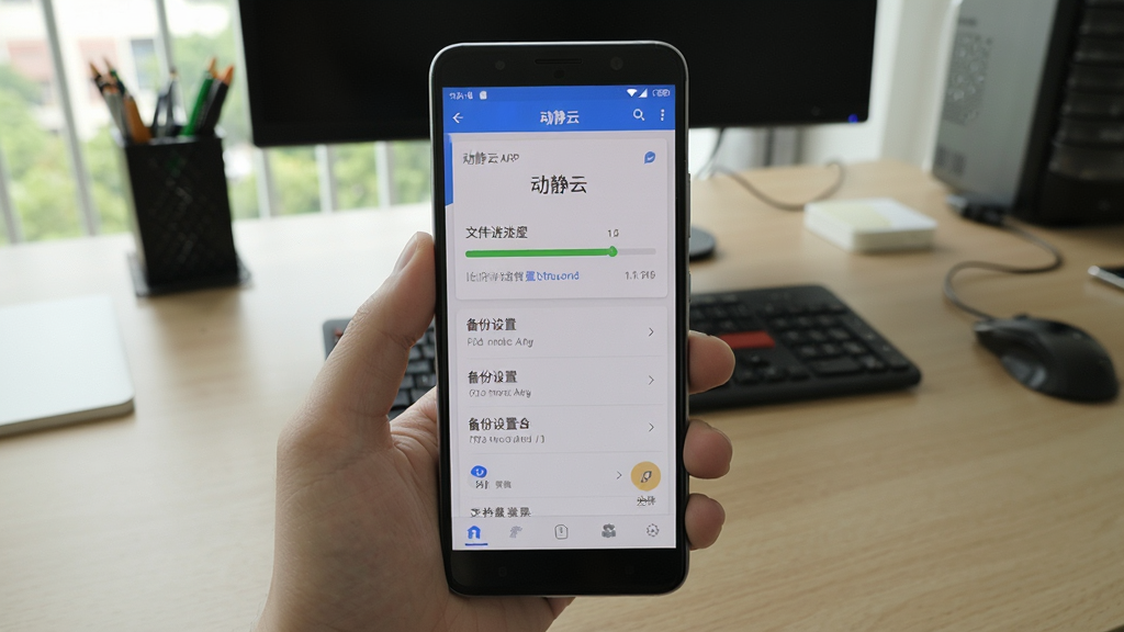 动静云安卓手机端操作界面实拍图,画面展示一部安卓手机正在运行动静云APP,屏幕上显示文件上传进度条和备份设置选项,背景为办公桌面环境,风格真实自然,画质清晰,干净无多余元素