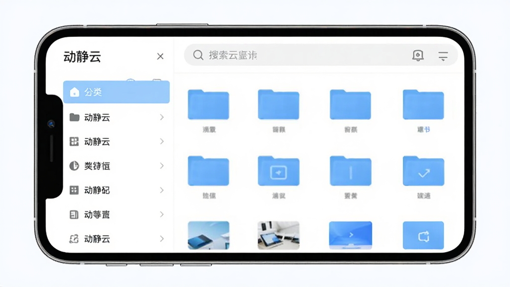 动静云智能文件管理界面图,画面展示手机屏幕内动静云APP的文件管理页面,左侧为分类导航栏,右侧为文件缩略图网格,界面顶部有搜索框,整体风格清爽简约,配色以白色和浅蓝色为主,画质清晰,布局规整,干净无多余元素,屏幕上方文字显示“动静云”