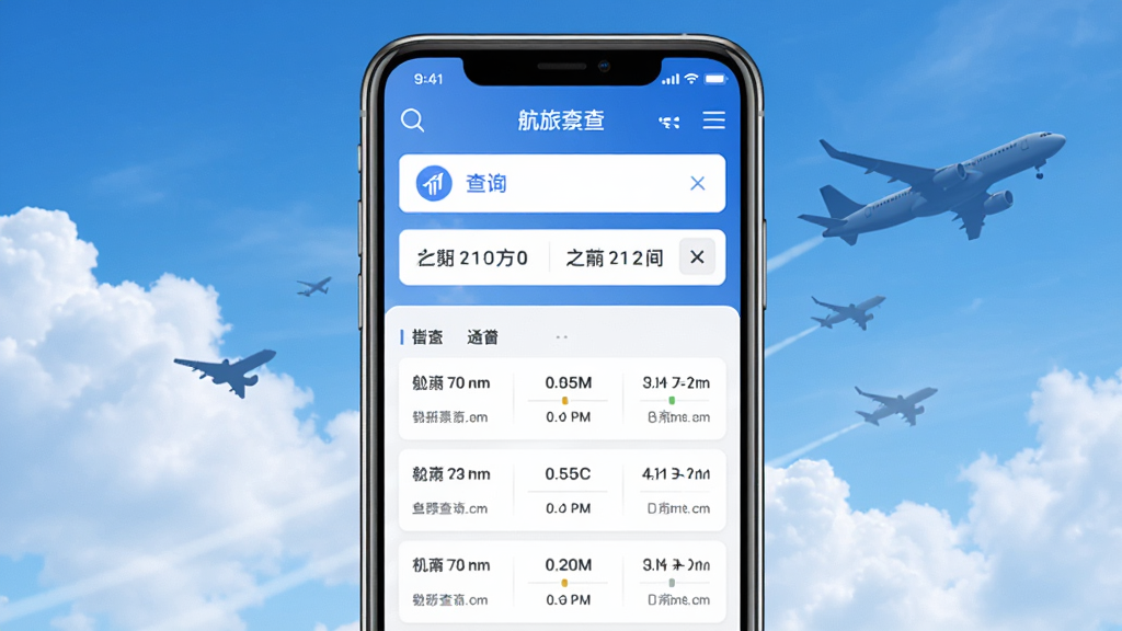 航旅机票查查软件主界面展示,手机屏幕居中放置,屏幕内显示航班查询框和航班列表,背景为蓝天白云与飞机剪影,布局简洁,风格清新商务,细节包含搜索图标和日期选择器,画质高清,干净,无多余元素