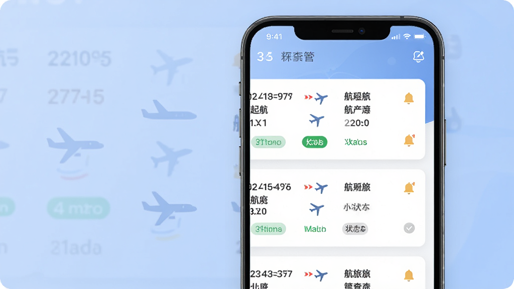 航旅机票查查行程管理页面,手机屏幕竖版展示,屏幕内显示行程卡片列表,卡片上有航班号、起降城市、时间和状态标签,背景为柔和蓝色调,风格清爽,细节包含航班动态图标和提醒铃铛,画质高清,干净,无多余元素