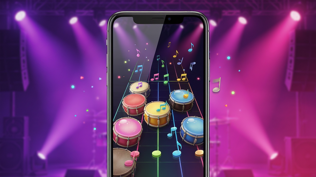һ��չʾ�ֻ���Ļ������KPOP Drum������Ӧ�õĻ��棬����Ϊһ�����������ֻ����з��ã���Ļ����ʾ��ɫ�������������������������Ϊ��̨�ƹ�����ɫ��ɫ�����Ч�����ֲ������ĶԳƹ�ͼ���Ű���ͻ���ֻ����壬���Ϊ�ִ������Ƽ��У�ϸ�ڰ�����Ļ���⡢��������Ʈɢ������߹��ʸУ�����Ϊ������Ⱦ���ɾ��޶���Ԫ�أ������в����κ�����