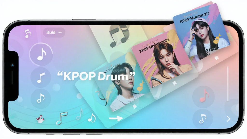 һ���ֻ�����չʾKPOP DrumӦ���ڵĸ���ѡ����棬����Ϊ�ֻ���������ר�����淽�飬���ֲ��öԽ������У��Ű�������£����Ϊ��������ĺ�ϵ�����磬ϸ�ڰ�����ɫר�����桢����ͼ�ꡢ���䱳�������ʸ���ɾ��������д�����������