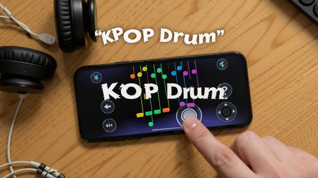 һ���ֻ�ƽ����������չʾKPOP Drum��Ϸ�����еĻ��棬����Ϊ�ֻ�����Χɢ��Ķ�������ָ�����ֲ��ø�����д��ͼ���Ű����ֻ���ĻΪ�Ӿ����ģ����Ϊ������г�����ϸ�ڰ�����Ļ�в�ɫ�������䡢��ָ����˲�䡢����ľ���ʸУ����ʸ���ɾ��������д�����������