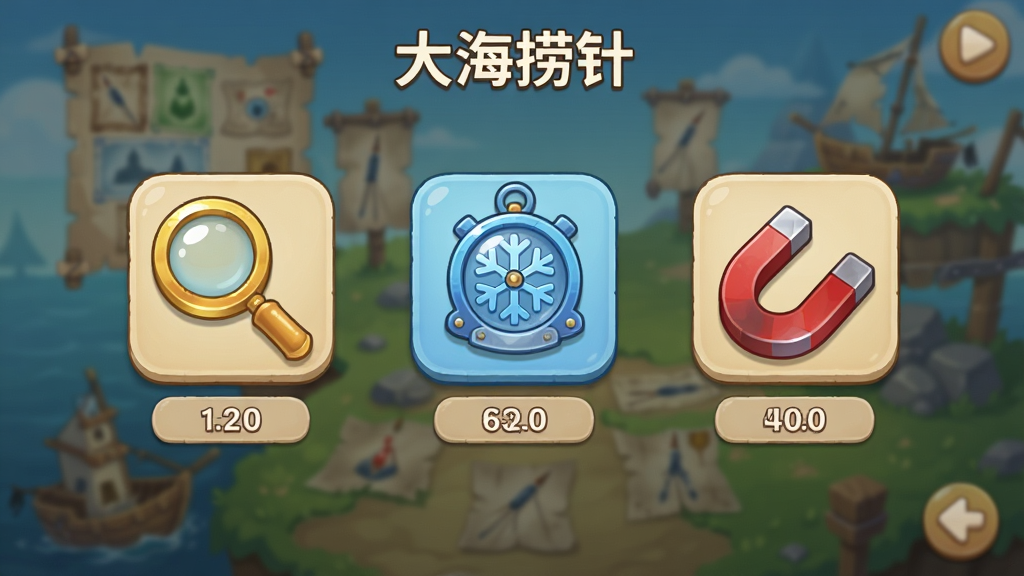 一张“大海捞针”游戏内的道具选择界面,画面中央悬浮着三个图标:一个金色放大镜、一个蓝色雪花时钟和一个红色U型磁铁,图标下方有数量显示,背景是模糊的寻物场景,风格为休闲游戏UI设计,排版简洁,细节精致,画质高清,干净,无多余元素