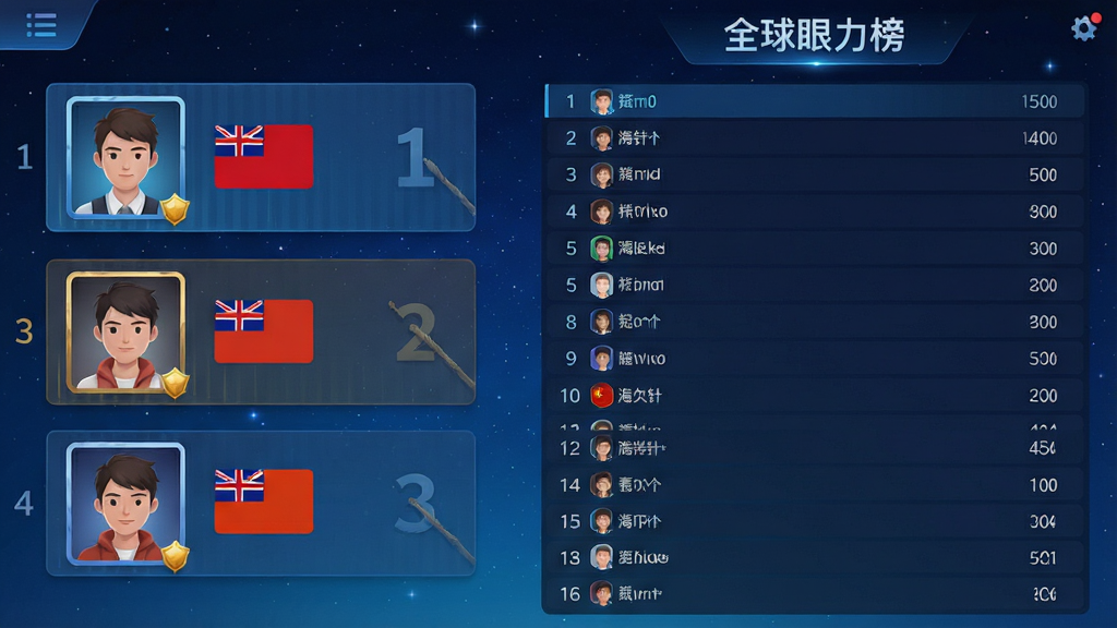 一张展示“大海捞针”游戏全球排行榜界面的图片,画面左侧是前三名玩家的头像和国旗标识,右侧是长长的排名列表,顶部有“全球眼力榜”字样,背景为深蓝色星空渐变,风格为现代游戏排行榜UI,布局清晰,细节丰富,画质高清,干净,无多余元素