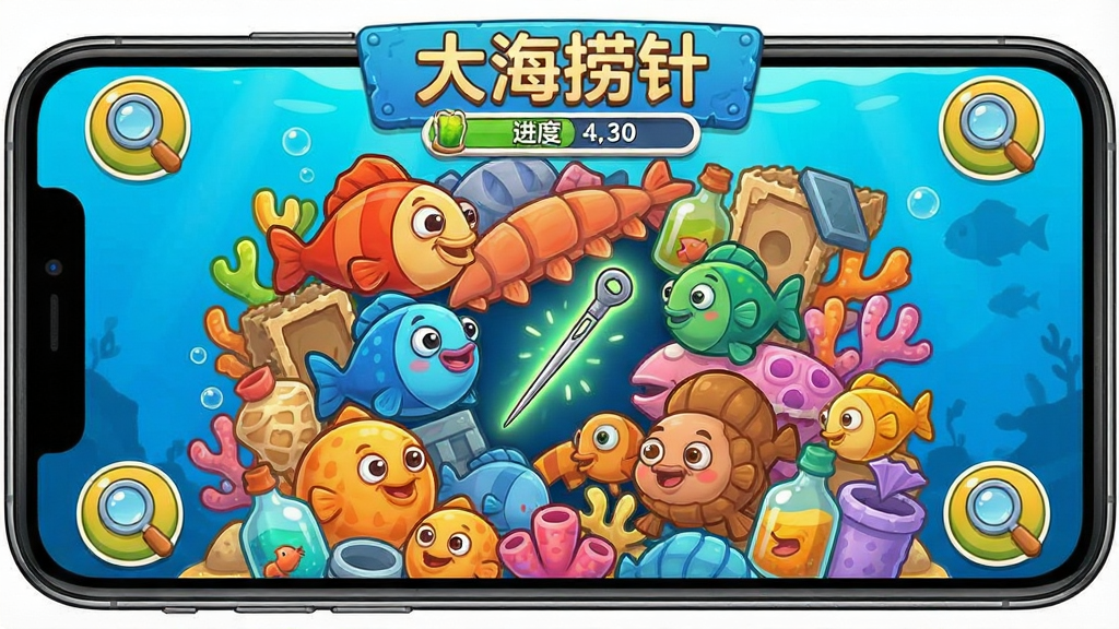 一张手机屏幕显示的卡通风格寻物游戏界面,画面中央是密集的海洋生物和杂物堆叠图案,其中隐藏着一根发光的细针,界面顶部显示“大海捞针”游戏标题和关卡进度,周围有放大镜图标点缀,整体色彩鲜艳明快,布局清晰,风格为休闲手游UI设计,细节丰富,画质高清,干净,无多余元素
