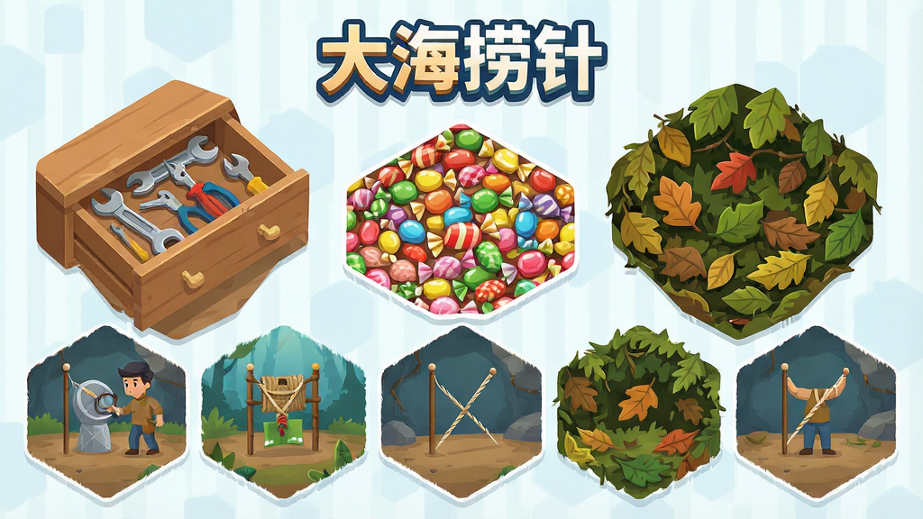 一张展示“大海捞针”游戏多个关卡缩略图的界面,画面由六边形网格排列,每个格子展示不同主题的寻物场景,如堆满工具的抽屉、色彩斑斓的糖果堆、杂乱的树叶丛,界面顶部有“大海捞针”游戏Logo,风格为扁平化手游UI,布局整齐,细节清晰,画质高清,干净,无多余元素