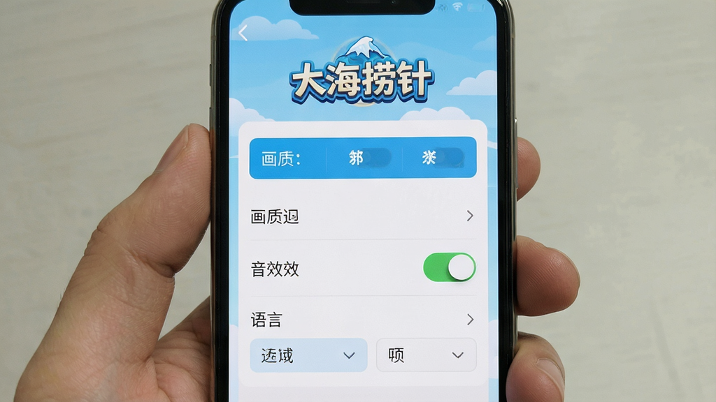 一张手机屏幕显示“大海捞针”游戏设置界面的截图,画面中包含画质选项、音效开关、语言选择等设置项,界面风格简洁,有“大海捞针”游戏Logo,画质清晰,干净,无多余元素