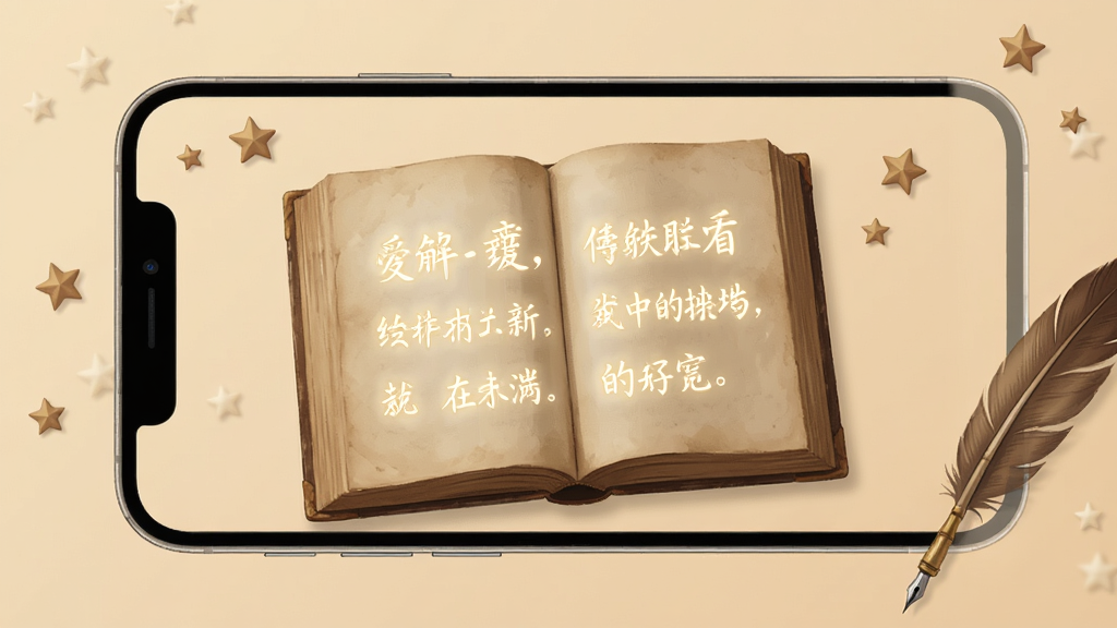 һ�ż�����ŵ��ֻ���Ļ���棬��Ļ������ʾһ�������ĸ����鼮����ҳ�ϸ�����ͷ���������־䣬��������ů���׻�ɫ������Χɢ�伸�����Ǻ���ë�ʣ������񰲾����������������ɾ��޶���Ԫ��