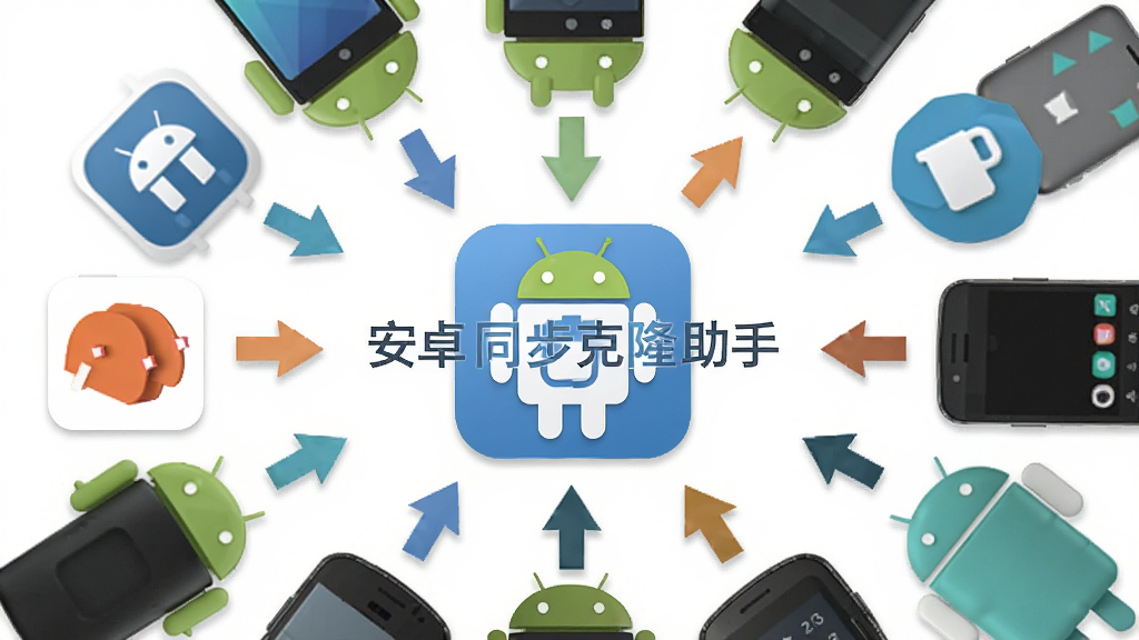 画面展示一排不同品牌的安卓手机图标环绕着一个中心Logo,中心Logo为“安卓同步克隆助手”文字标识,各品牌图标以箭头指向中心,背景为白色简洁风格,色彩柔和,构图居中对称,细节精致,画质高清,干净无杂乱元素