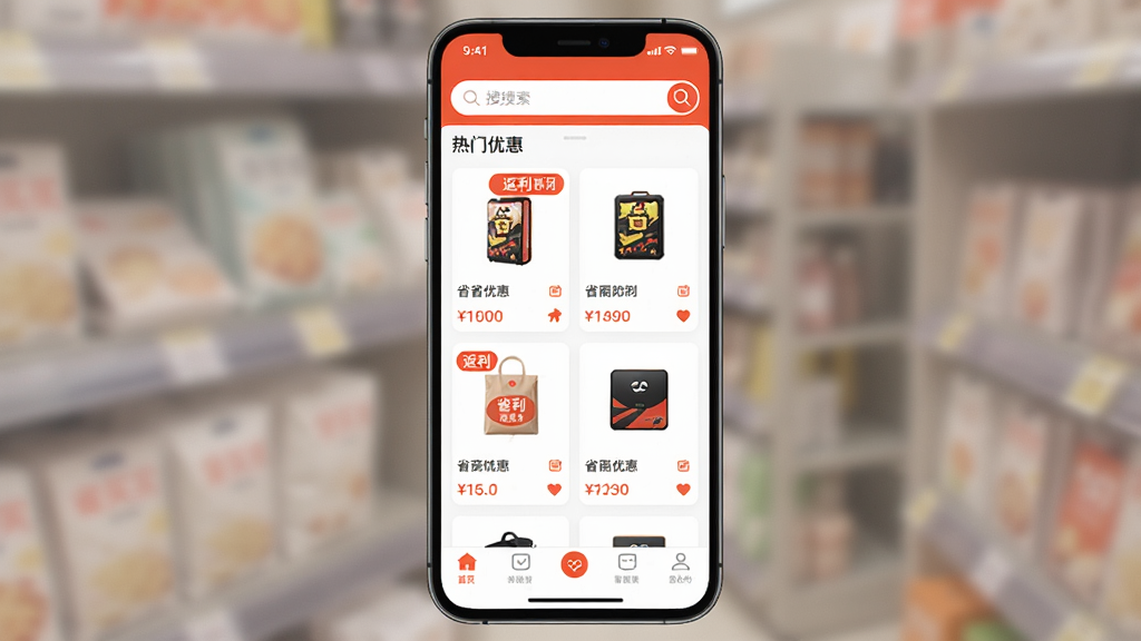 ʡ����APP������չʾ���ֻ���Ļ������ʾʡ����Ӧ����ҳ������Ϊ���������в�Ϊ�����Ż���Ʒ��Ƭ�б����ײ�Ϊ�����˵���������ɫ�ԳȺ�ɫ���ɫΪ������������죬����������ϸ�ڰ�����Ʒ����ͼ��������ǩ�ͼ۸���Ϣ�����ʸ��壬�ɾ��޶���Ԫ��