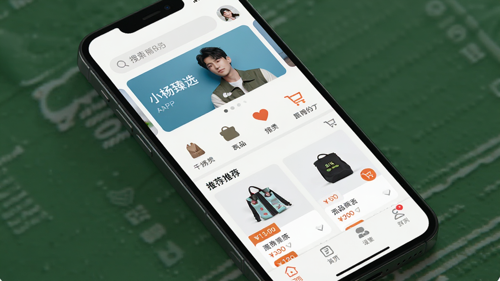 һ���ֻ�Ӧ�ý���չʾͼ������ΪС����ѡAPP����ҳ������棬����Ϊ�������������ֲ�ͼ���в�Ϊ��Ʒ����ͼ����Ƽ���Ʒ��Ƭ���ײ�Ϊ�����˵���������¼�Լ��ϸ�ڰ�����Ʒ����ͼ���۸��ǩ�͹��ﳵͼ�꣬�����������ɾ����࣬�޶���Ԫ��