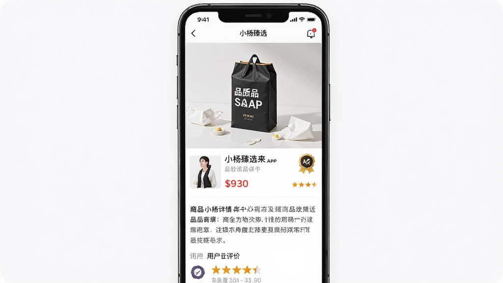 һ��չʾƷ����Ʒ��ѡ�����ͼƬ������ΪС����ѡAPP����Ʒ����ҳ�棬����Ϊ�Ϸ���Ʒ��ͼ���в���Ʒ������۸��·�Ϊ����������û����ۣ����ɾ�������ϸ�ڰ���Ʒ����֤��ʶ�ͺ����Ǽ������ʸ��壬�������࣬������Ԫ��